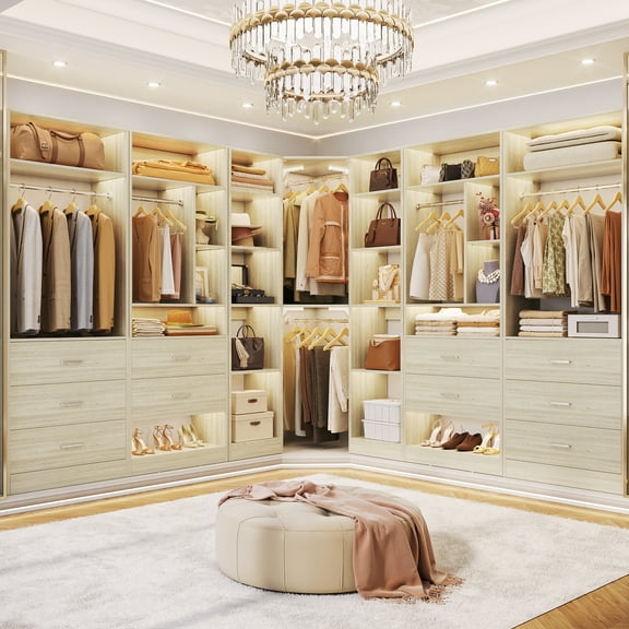 Homieasy Complete Corner & Straight Closet Organizer Suite:1 Corner Shelf Unit + 4 Tower Systems ( 4-Drawer+ 6-Drawer Options), 24+ Shelves, 4 Hanging Rods, Heavy Duty for Walk-In Closets, White Oak