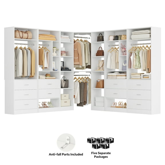 Homieasy Complete Corner & Straight Closet Organizer Suite:1 Corner Shelf Unit + 4 Tower Systems ( 4-Drawer+ 6-Drawer Options), 24+ Shelves, 4 Hanging Rods, Heavy Duty for Walk-In Closets, White