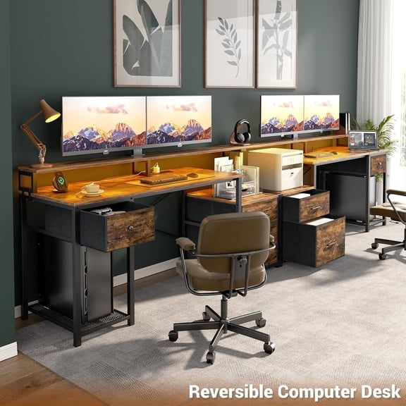 Homieasy Computer Desk with 3 Drawers, Home Office Desk with Power Outlet, 59'' Gaming Desk with Led Lights, Long Work Desk with Storage Shelves, Printer Cabinet and Monitor Shelf, Rustic Brown