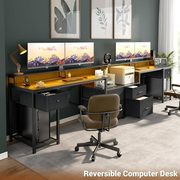 Homieasy Computer Desk with 3 Drawers, Home Office Desk with Power Outlet, 59'' Gaming Desk with Led Lights, Long Work Desk with Storage Shelves, Printer Cabinet and Monitor Shelf, Black