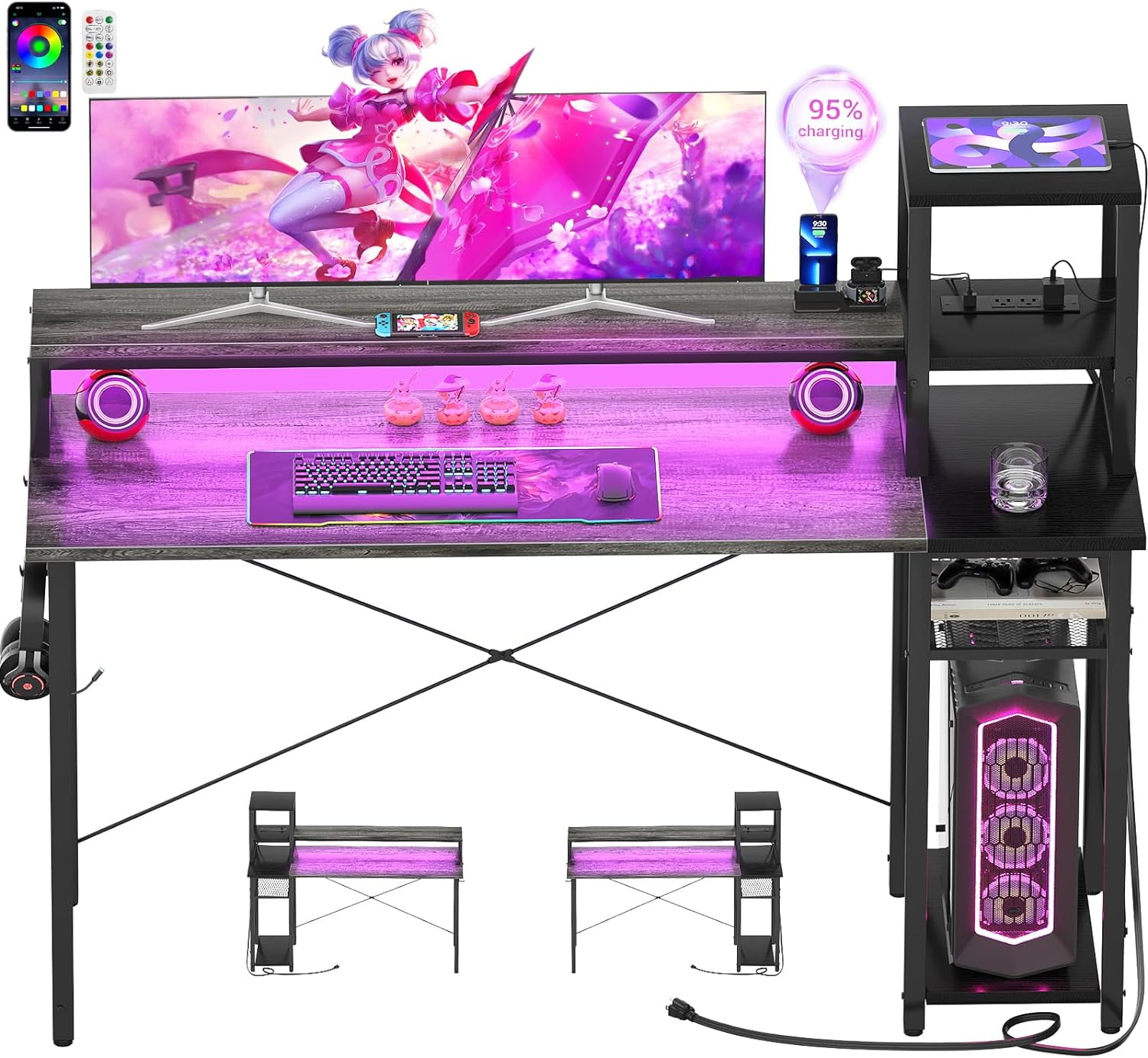 Homieasy Computer Desk with LED Strip and Monitor Stand, 47 inch ...