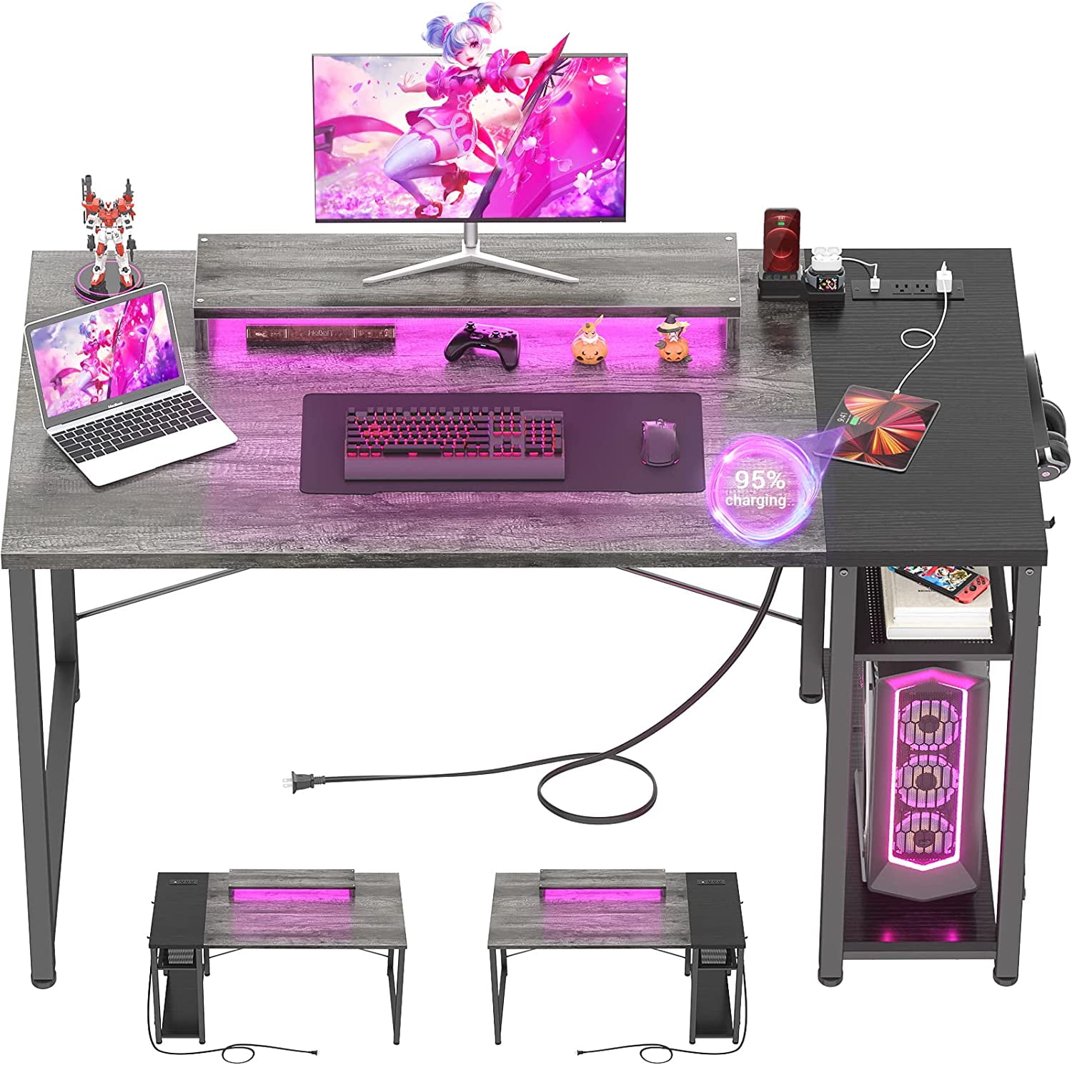 Homieasy Computer Desk with Power Outlet and USB Ports, 40 inch Reversible Ergonomic Gaming Desk