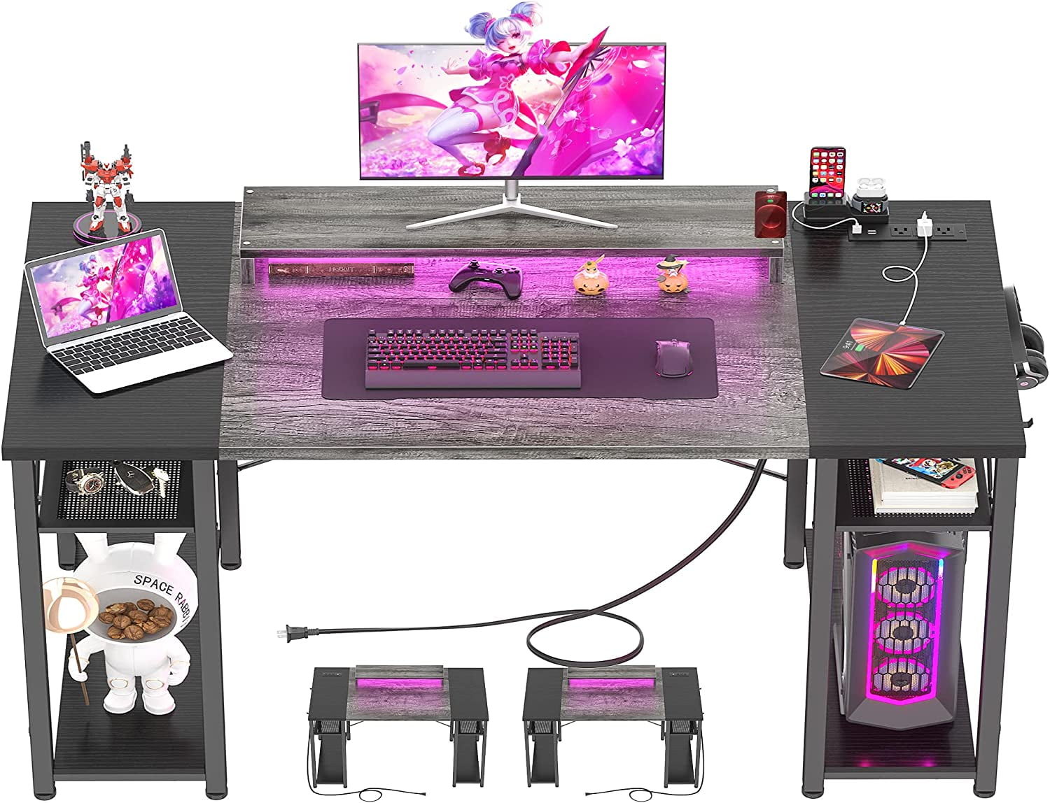 Homieasy 47'' Ergonomic Gaming Desk with USB Ports, Power Outlets, LED