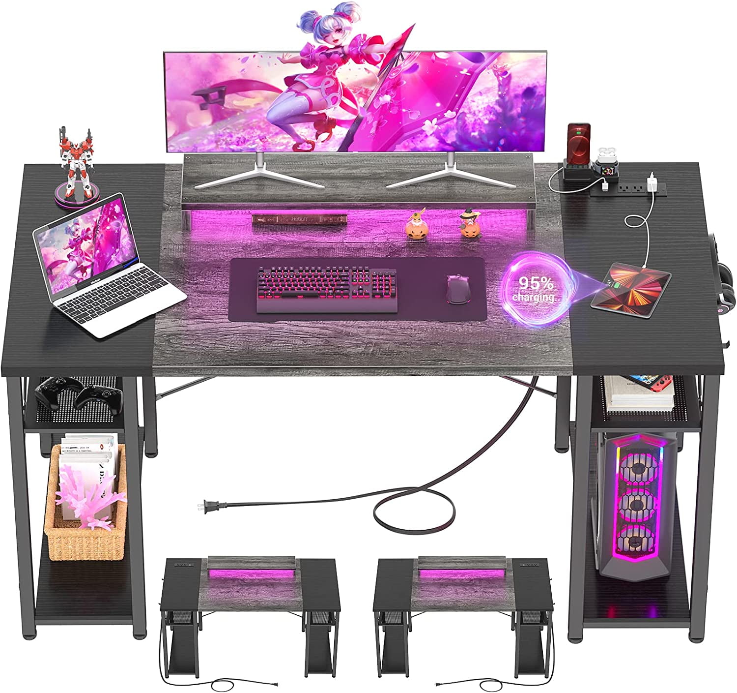 Homieasy Computer Desk with Power Outlet and USB Ports, 55 inch Reversible Ergonomic Gaming Desk