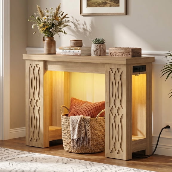Homieasy 47'' Farmhouse Console Table with Charging Station and LED Lights for Hallway, Entryway, Living Room, Brown Oak