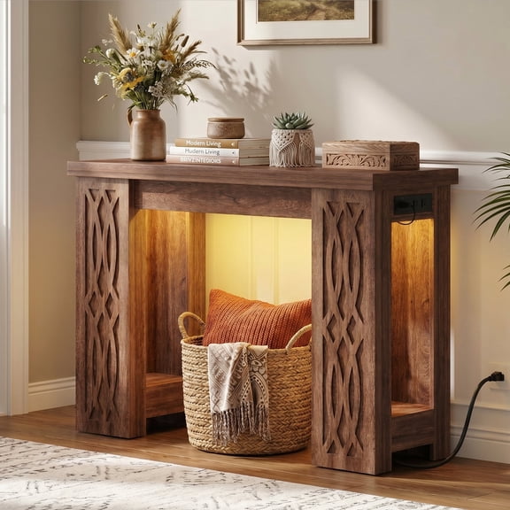 Homieasy 47'' Farmhouse Console Table with Charging Station and LED Lights for Hallway, Entryway, Living Room, Cracked Oak