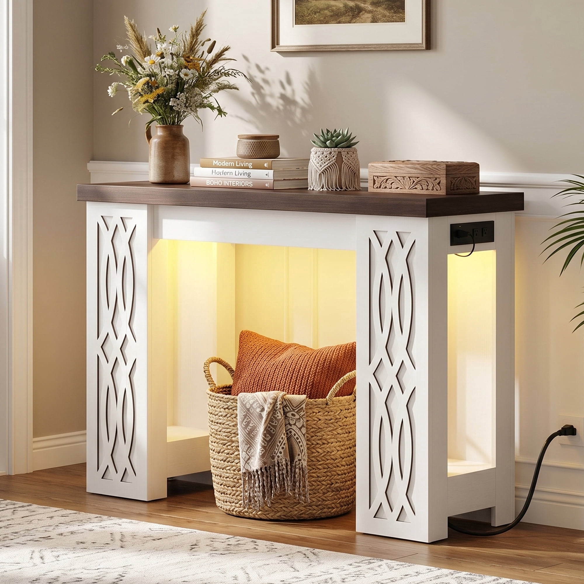 Homieasy 47'' Farmhouse Console Table with Charging Station and LED ...