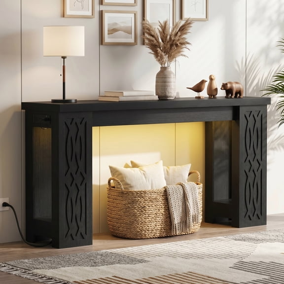 Homieasy 63'' Farmhouse Console Table with Charging Station and LED Lights for Hallway, Entryway, Living Room, Black