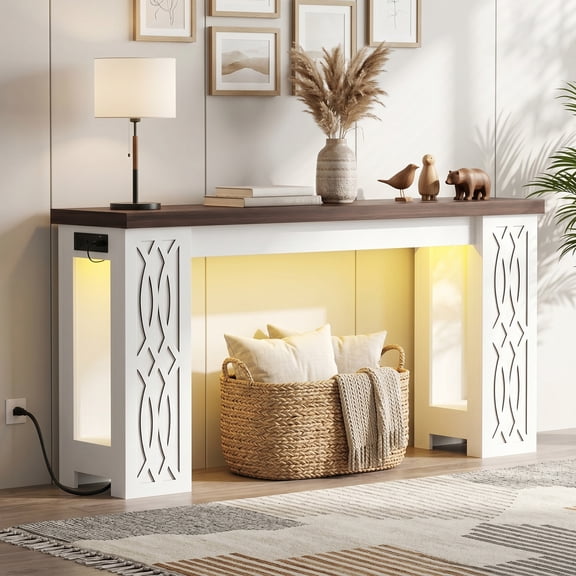 Homieasy 63'' Farmhouse Console Table with Charging Station and LED Lights for Hallway, Entryway, Living Room, White & Walnut