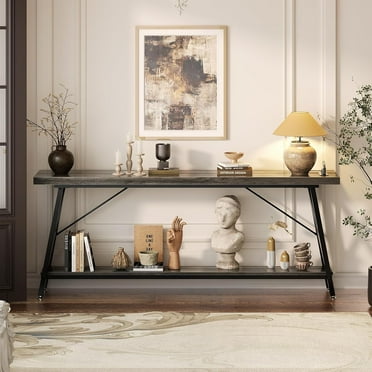 Homieasy Console Table with Charging Station, 70.9 Inch Extra Long Sofa Table with 2 Tier Storage Shelf, Industrial Hallway Entry Table Behind Couch Table, Black Oak