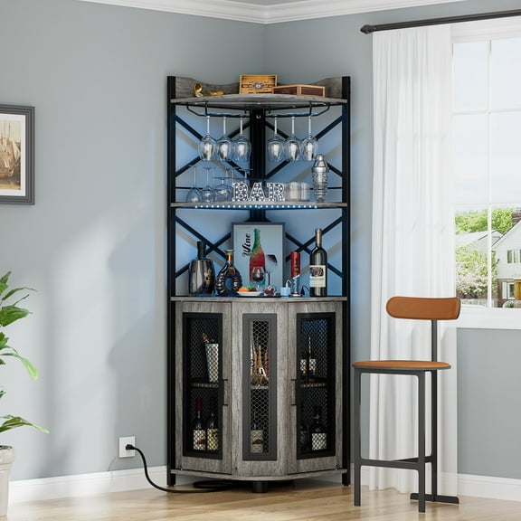 Homieasy Corner Bar Cabinet with Power Outlet Open Storage, Wood Steel Black Oak