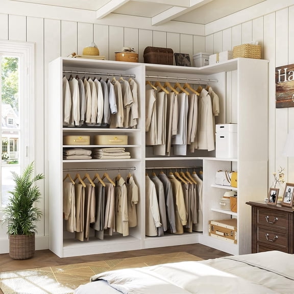 Homieasy Corner Closet Organizer 2-Piece Set, 72''L x 36''W L Shaped Closet System with 4 Hanging Rods and Storage Shelves, Storage Tower for Closet, Bedroom, White