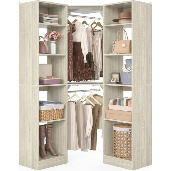 Homieasy Corner Closet System with 12 Shelves, 40" Large Corner Closet Organizer System with 2 Hanging Rods, Versatile 6-Tier Walk-in Closets for Corner Space, White Oak