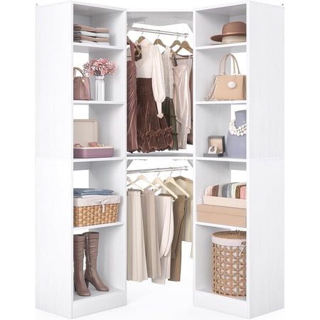 Homieasy Corner Closet System with 12 Shelves, 40" Large Corner Closet Organizer System with 2 Hanging Rods, Versatile 6-Tier Walk-in Closets for Corner Space, White