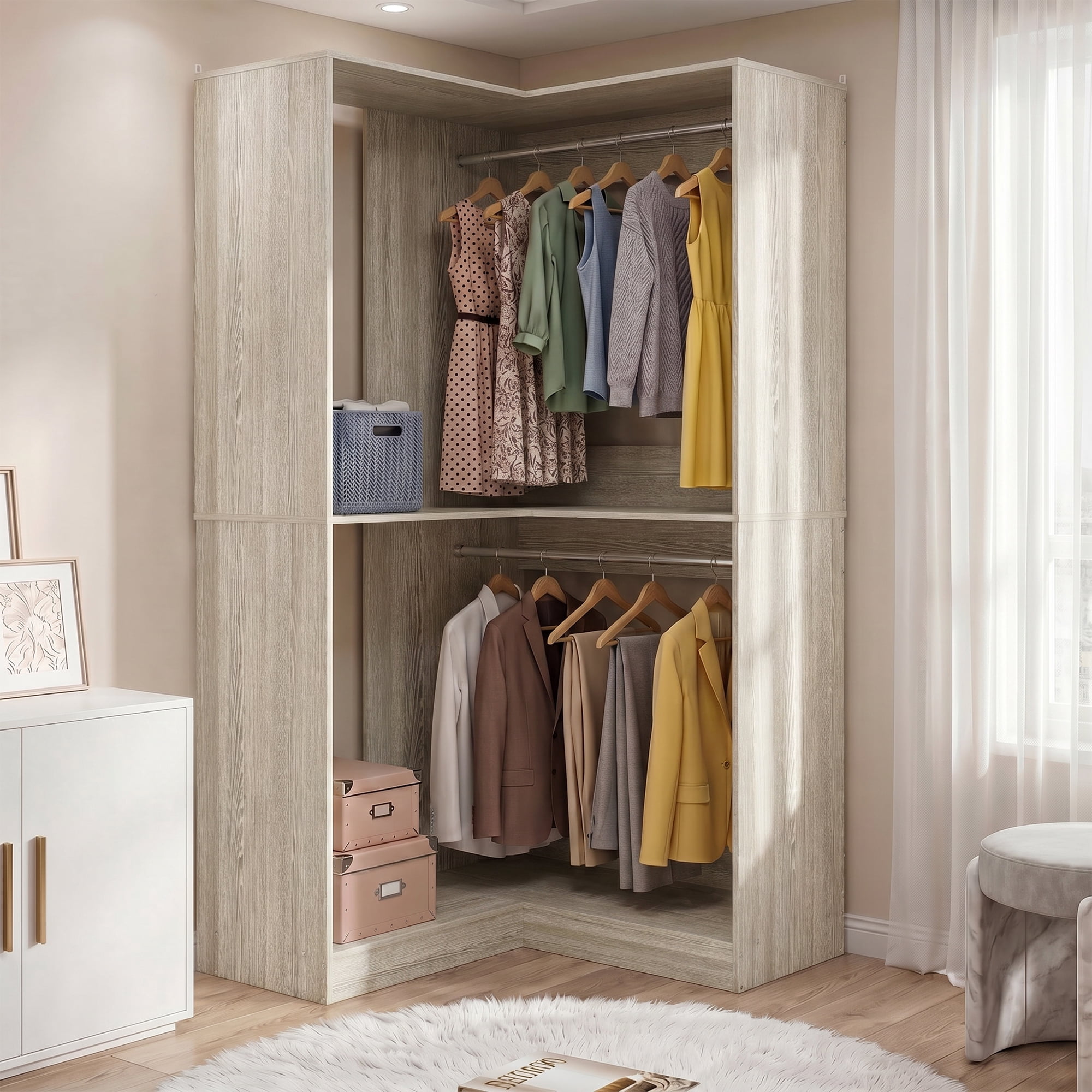 Homieasy 32'' W Corner Closet System with Hanging Rod, White Oak