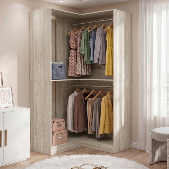 Homieasy 32'' W Corner Closet System with Hanging Rod, White Oak