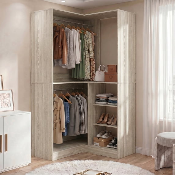 Homieasy 36'' W Corner Closet System with Hanging Rods, White Oak