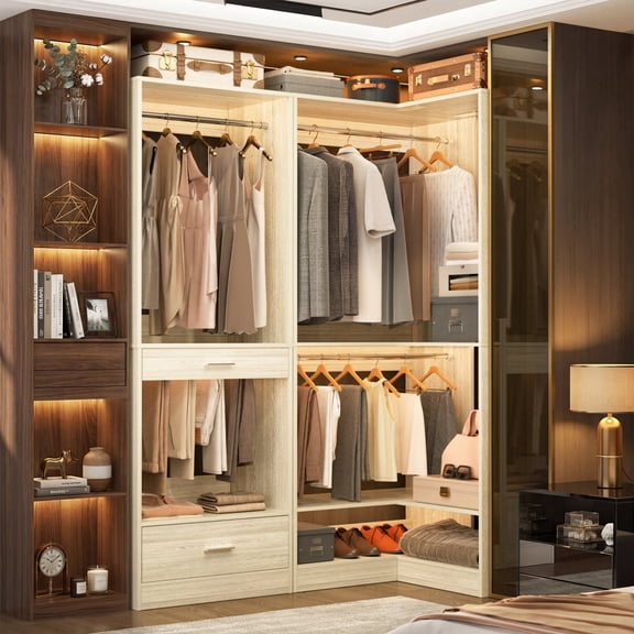 Homieasy Corner Closet System, 55''L x 34''W Corner Closet Organizer with 3 Hanging Rods, Drawer, Pant Rack, and Shoe Rack, Sturdy and Easy Assembly, White Oak