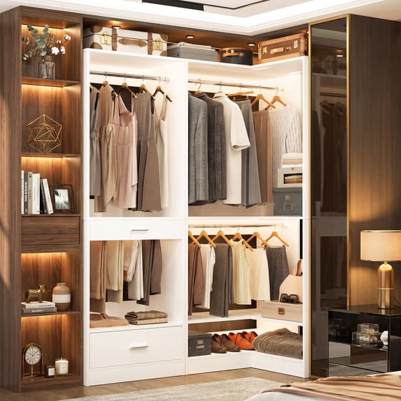 Homieasy Corner Closet System, 55''L x 34''W Corner Closet Organizer with 3 Hanging Rods, Drawer, Pant Rack, and Shoe Rack, Sturdy and Easy Assembly, White