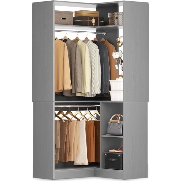 Homieasy Corner Closet System with Shelves, 34’’ Closet Organizer System with Hanging Rods, Wood Walk-in Closets for Corner Small Space,Freestanding Corner Tower, L Shaped Garment Rack, Gray