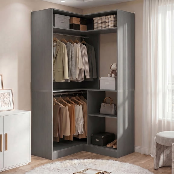 Homieasy 34" W Corner Closet System with Hanging Rods, Gray