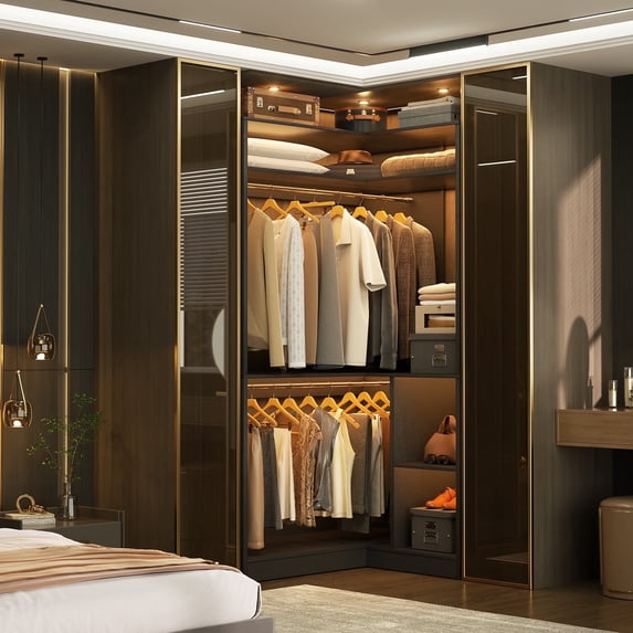 Homieasy Corner Closet System with Shelves, 34’’ Closet Organizer System with Hanging Rods, Wood Walk-in Closets for Corner Small Space,Freestanding Corner Tower, L Shaped Garment Rack, Black