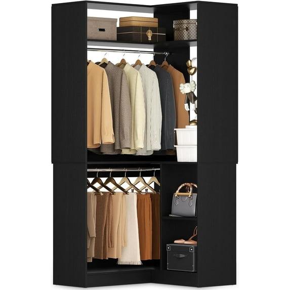 Homieasy Corner Closet System with Shelves, 34’’ Closet Organizer System with Hanging Rods, Wood Walk-in Closets for Corner Small Space,Freestanding Corner Tower, L Shaped Garment Rack, Black