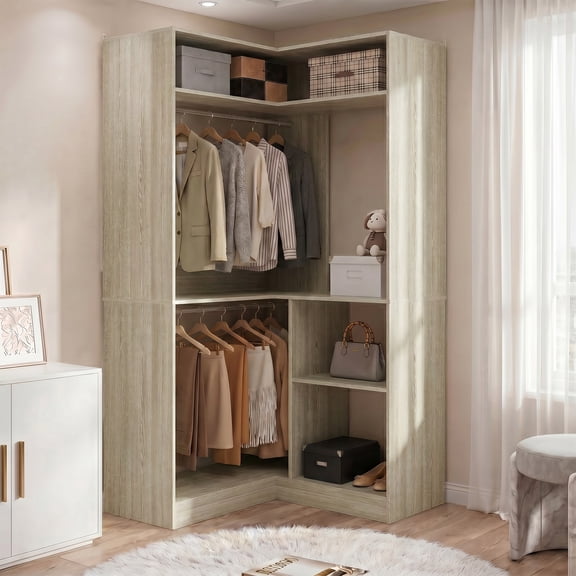 Homieasy 34" W Corner Closet System with Hanging Rods, White Oak