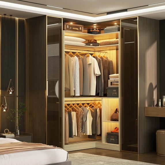 Homieasy Corner Closet System with Shelves, 34’’ Closet Organizer System with Hanging Rods, Wood Walk-in Closets for Corner Small Space,Freestanding Corner Tower, L Shaped Garment Rack, White Oak