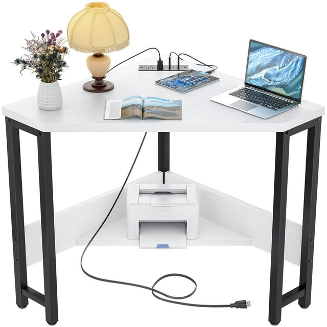 Homieasy Corner Desk with Power Outlet, Small Desk for Small Space, Industrial Computer Desk