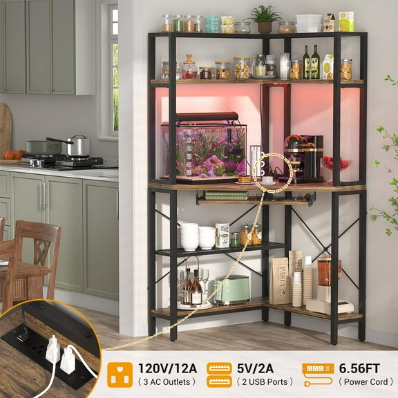 Homieasy Corner Computer Desk with Power Outlets & LED Light, Corner Desk with Hutch, Triangle Gaming Desk with Keyboard Tray, Corner Table for Home Office, Small Space, Workstation, Rustic Brown