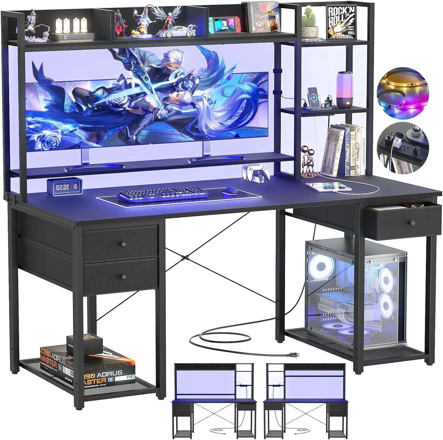Homieasy Desk with Hutch & Power Outlets, 55.2'' Computer Gaming Desk with LED Lights and Drawers, Reversible Office Desk with Storage Shelves, Workstation Desk for Home & Office, Black
