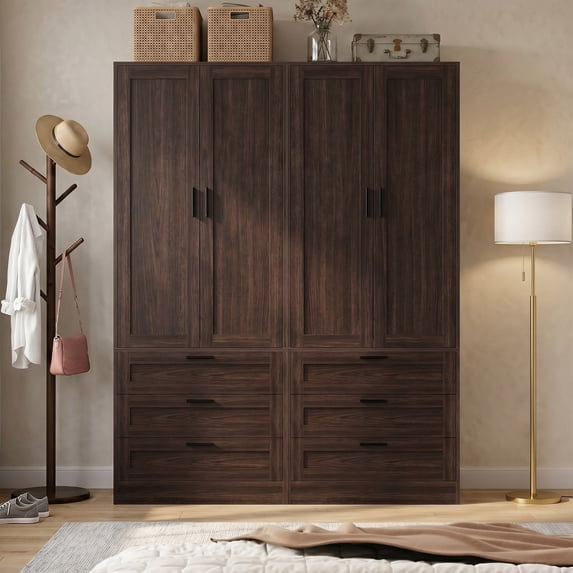 Homieasy Double Armoire Wardrobe Closet Set - 71" Tall 2-in-1 Storage Cabinets with 6 Drawers, 2 Hanging Rods, 20" Extra Depth, Soft-Close Hinges & Metal Handles,Walnut