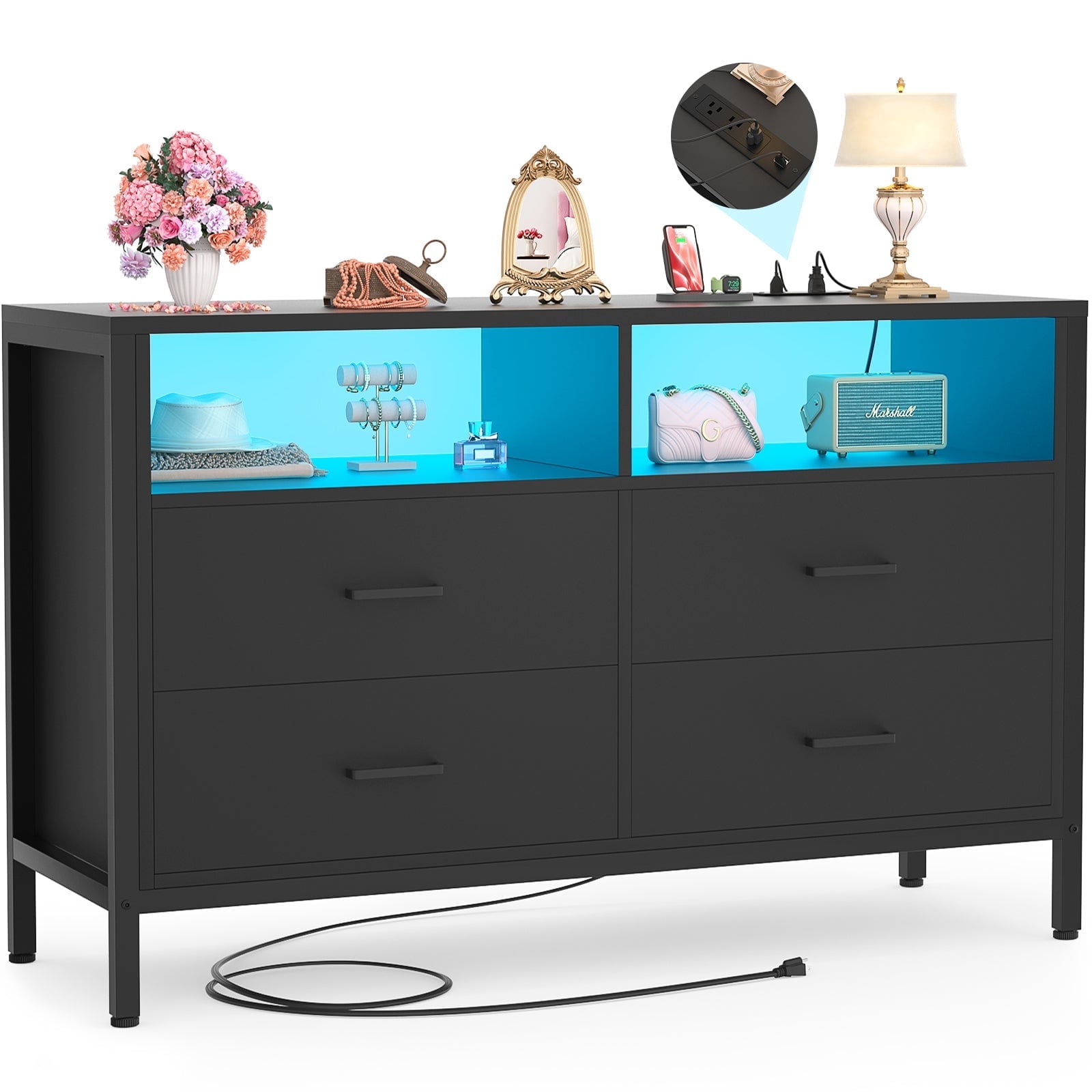 Homieasy Dresser for Bedroom, 4 Drawer Dresser with LED Lights and Charging Station, Wood Dresser, Wide Chest of Drawer Storage Organizer, Dresser TV Stand for Living Room, Closet, Entryway, Black