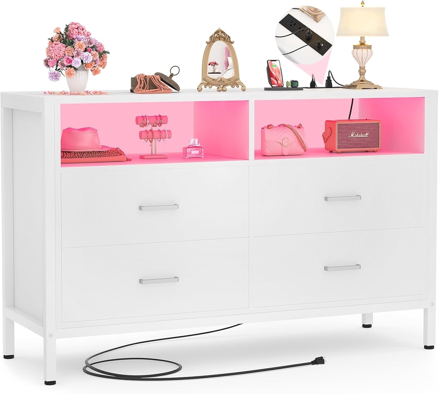 Homieasy Dresser for Bedroom, 4 Drawer Dresser with LED Lights and Charging Station, Wood Dresser, Wide Chest of Drawer Storage Organizer, Dresser TV Stand for Living Room, Closet, Entryway, White