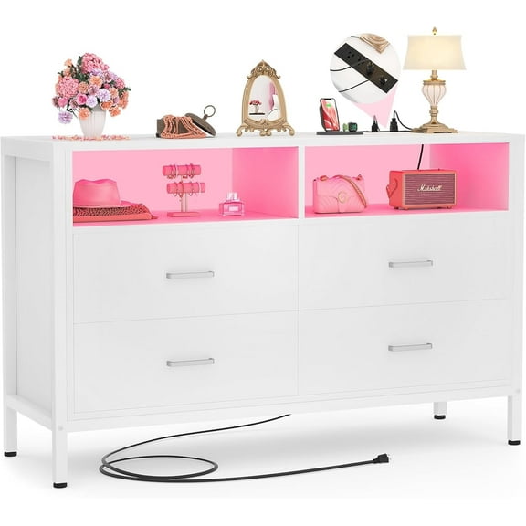 Homieasy Dresser for Bedroom, 4 Drawer Dresser with LED Lights and Charging Station, Wood Dresser, Wide Chest of Drawer Storage Organizer, Dresser TV Stand for Living Room, Closet, Entryway, White