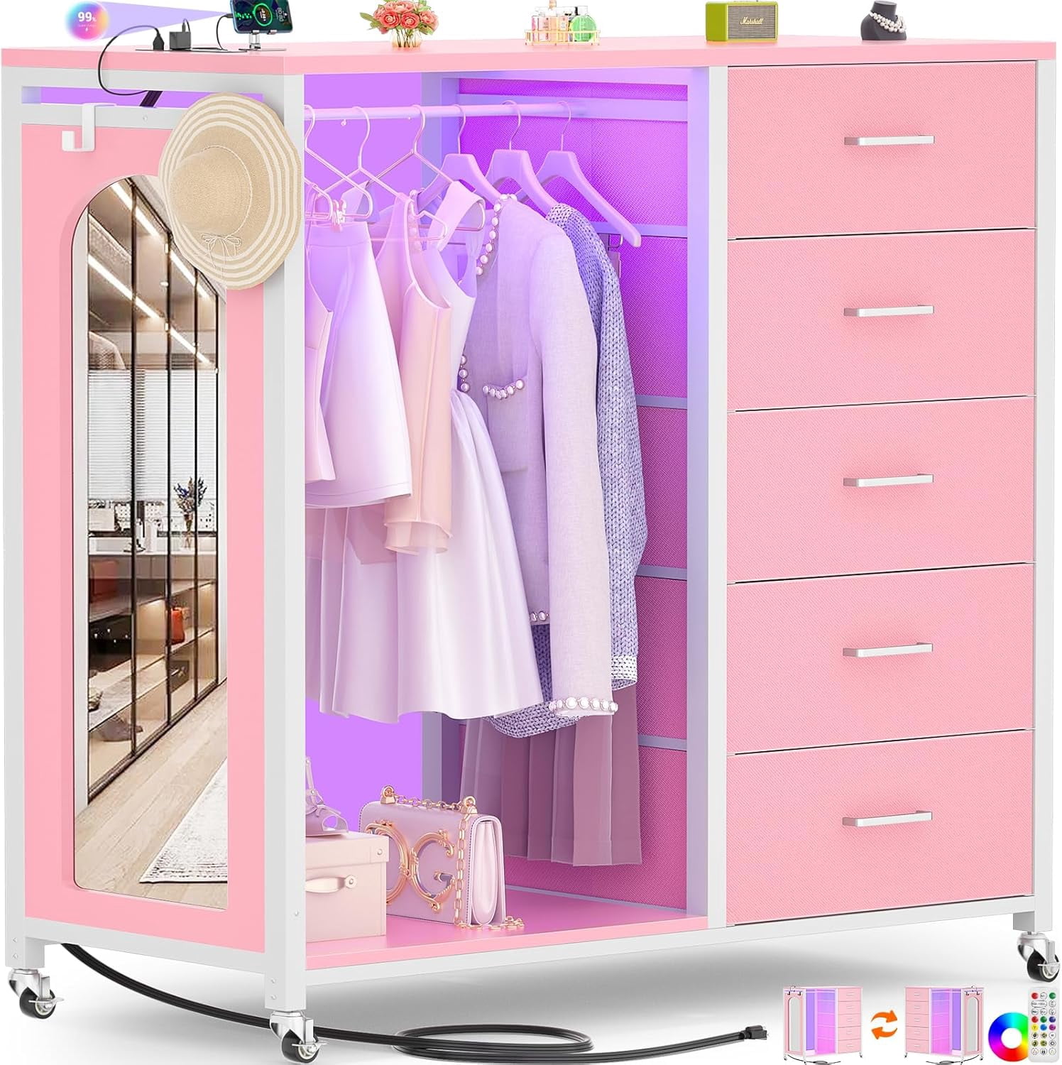 Homieasy Dresser for Bedroom with Clothes Rack & Mirror, Black 5 ...