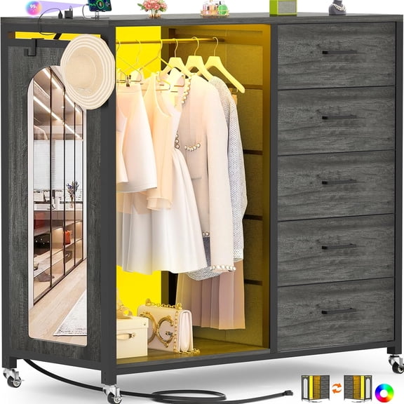 Homieasy Dresser for Bedroom with Clothes Rack & Mirror, Black 5 Drawers Dresser with Charging Station & LED Lights, Rolling Chest of Drawers with Wheels, Full Length Mirror, Wooden Top