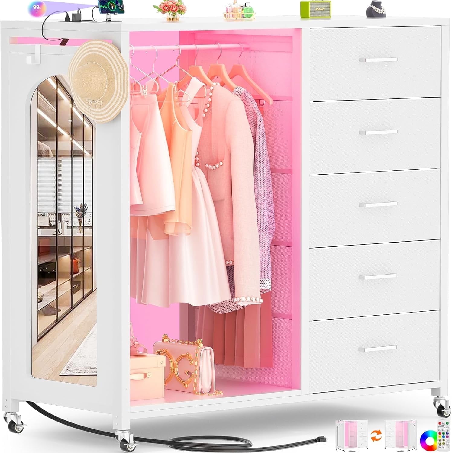Homieasy Dresser for Bedroom with Clothes Rack & Mirror, Black 5 Drawers Dresser with Charging Station & LED Lights, Rolling Chest of Drawers with Wheels, Full Length Mirror, Wooden Top