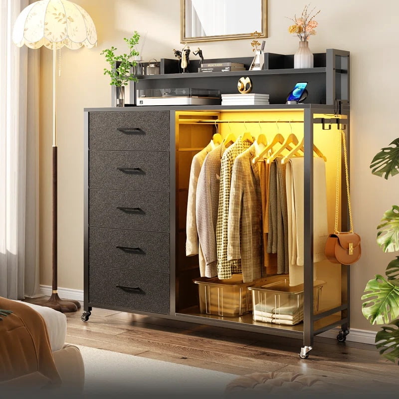 Homieasy Dresser for Bedroom with Clothes Rack & Shelves, 5 Drawers ...