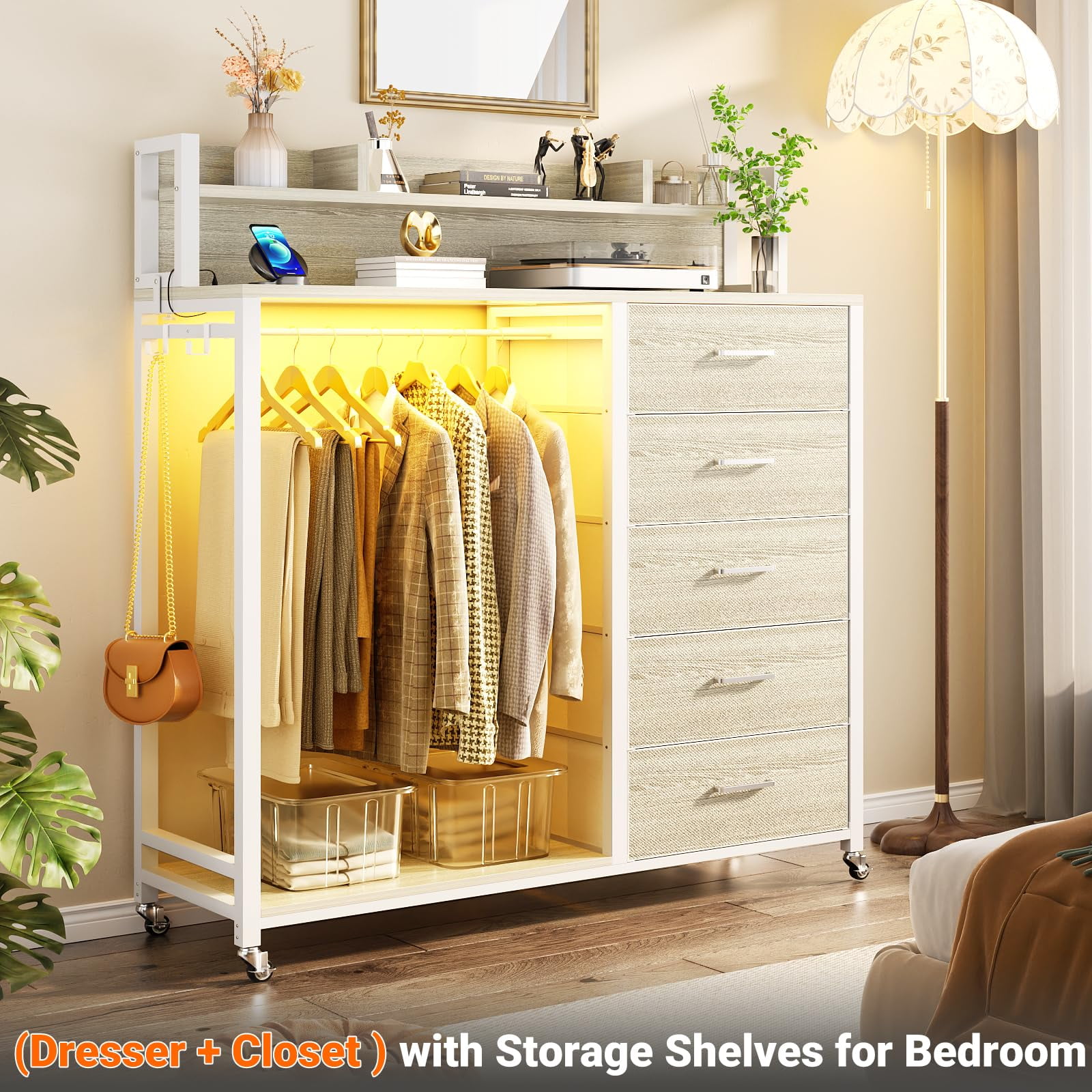 Homieasy Dresser for Bedroom with Clothes Rack & Shelves, 5 Drawers ...