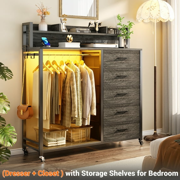 Homieasy Dresser for Bedroom with Clothes Rack & Shelves, 5 Drawers Dresser with Charging Station & LED Lights, Chest of Drawers with Lockable Wheels, Storage Shelves, Bedroom, Entryway,Gray Oak