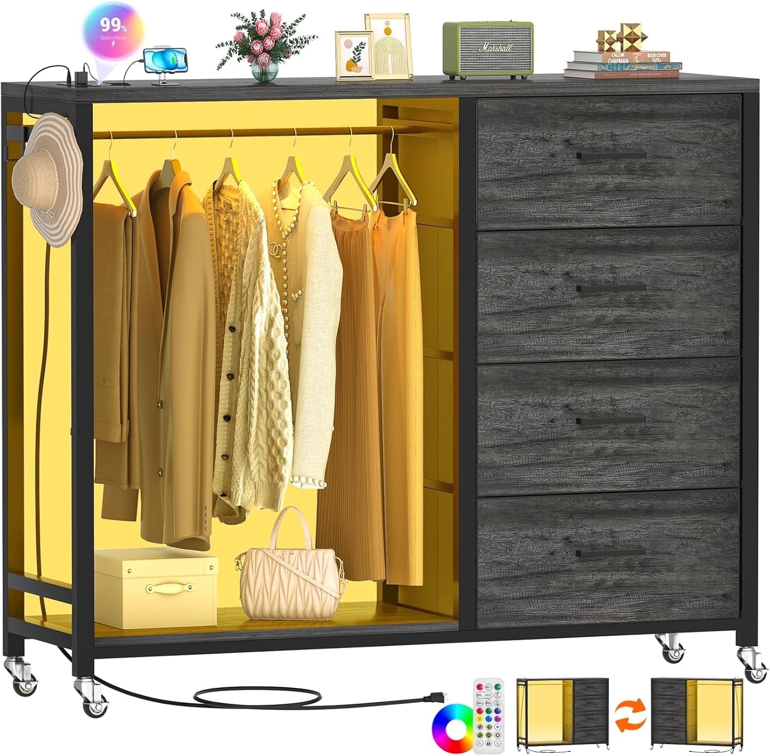 Homieasy Dresser with Hanging Rack & 4 Drawers, Dresser with Clothes Rack for Bedroom with LED Lights, Charging Staion, Storage Chest with Wheels, Black Oak