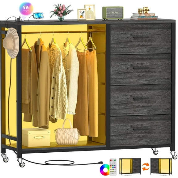 Homieasy Dresser with Hanging Rack & 4 Drawers, Dresser with Clothes Rack for Bedroom with LED Lights, Charging Staion, Storage Chest with Wheels, Black Oak
