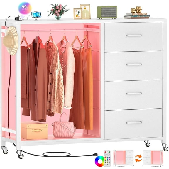 Homieasy Dresser with Hanging Rack & 4 Drawers, Dresser with Clothes Rack for Bedroom with LED Lights, Charging Staion, Storage Chest with Wheels, White