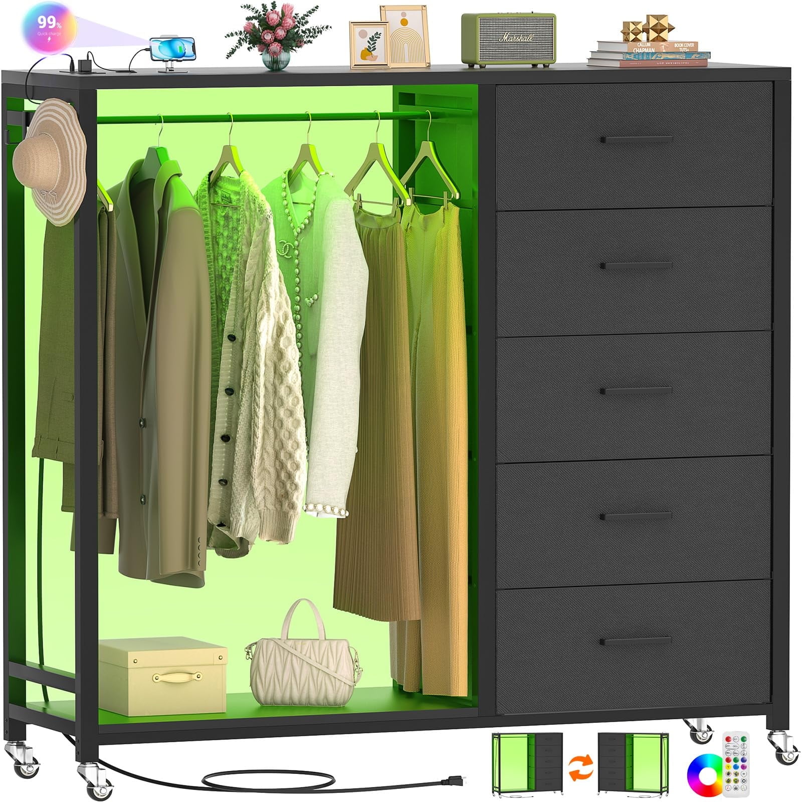 Homieasy Dresser with Clothes Rack, 5 Drawers Dresser with Charging