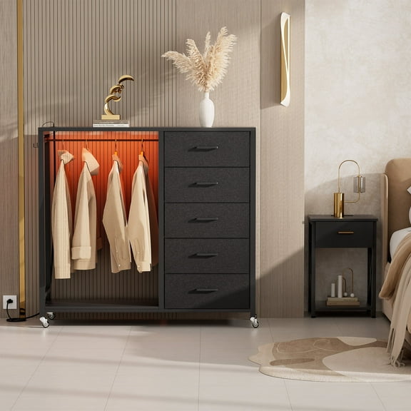 Homieasy Dresser with Clothes Rack, 5 Drawers Dresser with Charging Station & LED Lights, Black Storage Unit with Wheels, Black