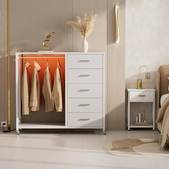 Homieasy Dresser with Clothes Rack, 5 Drawers Dresser with Charging Station & LED Lights, White Storage Unit with Wheels, White