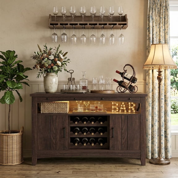 Homieasy Farmhouse Coffee Bar Cabinet with Charging Station, LED Lights & Movable Wine Rack, Walnut