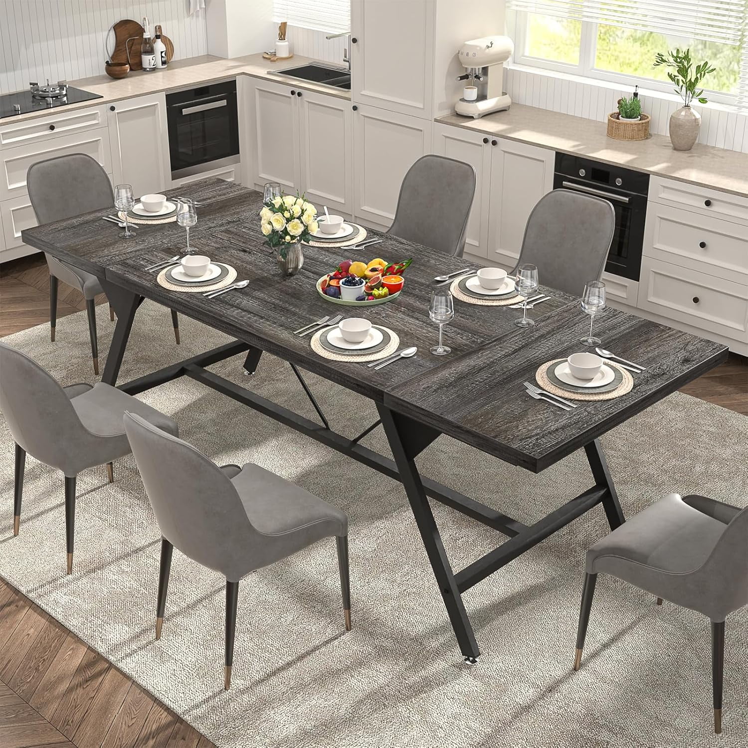 Homieasy Farmhouse Dining Table for 4-6 People, 70.8-Inch Rectangular ...